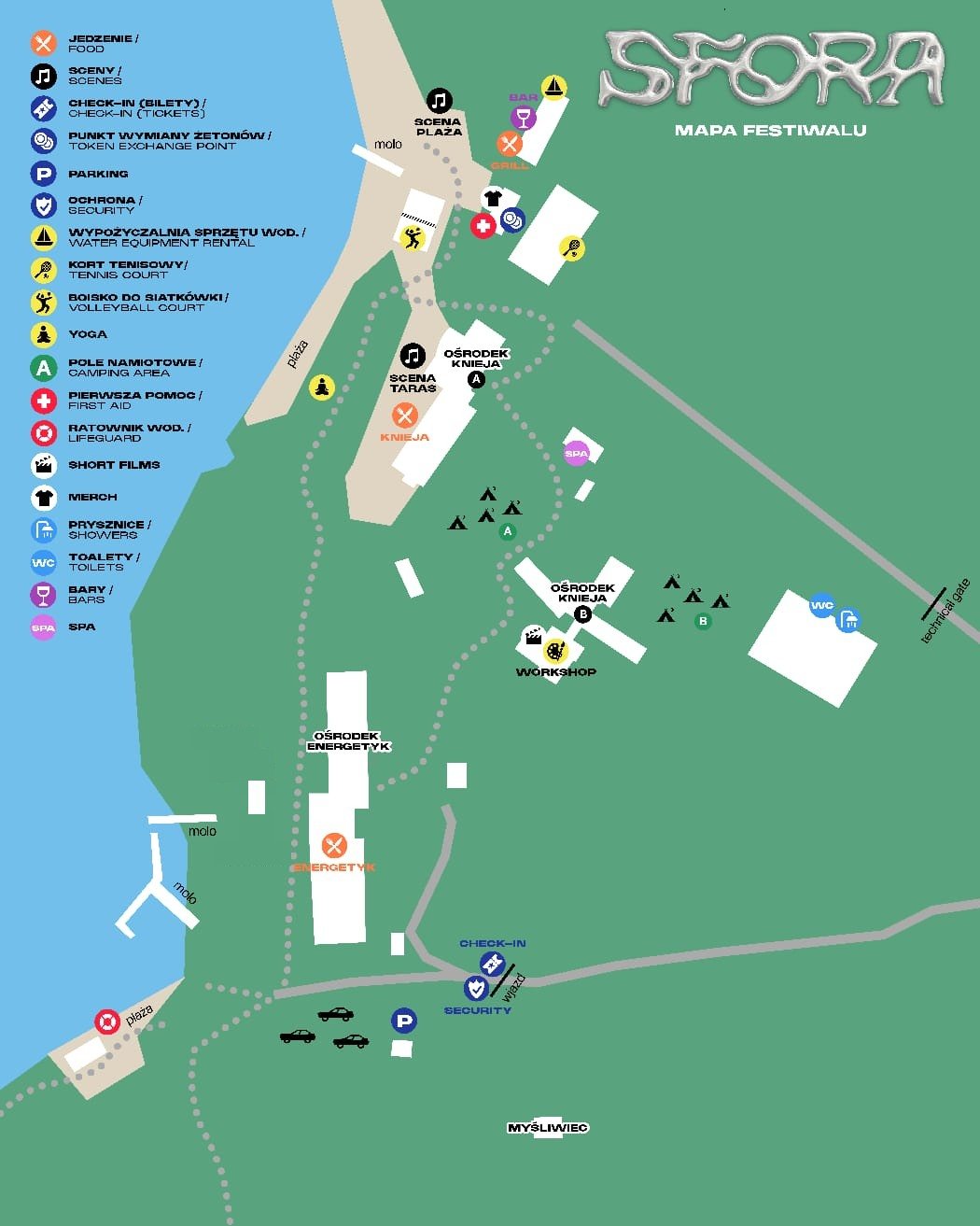 Mapa festiwalu SFORA: ośrodki Knieja i Energetyk nad jeziorem, sceny Plaża i Taras, pola namiotowe A i B, check-in, parking, bary, jedzenie, prysznice, toalety i plaże