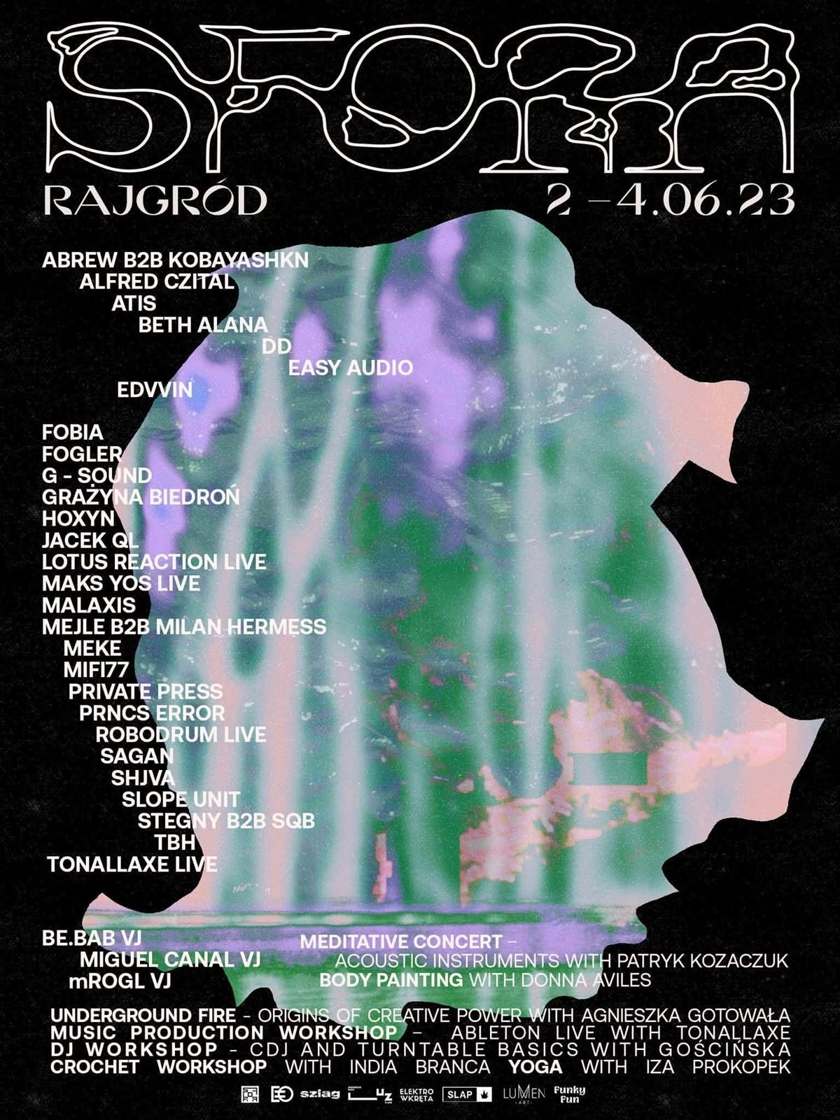 Plakat SFORA 2023: chromowany napis na czarnym tle, pastelowy kształt jak wodospad, line-up, 2–4.06.2023