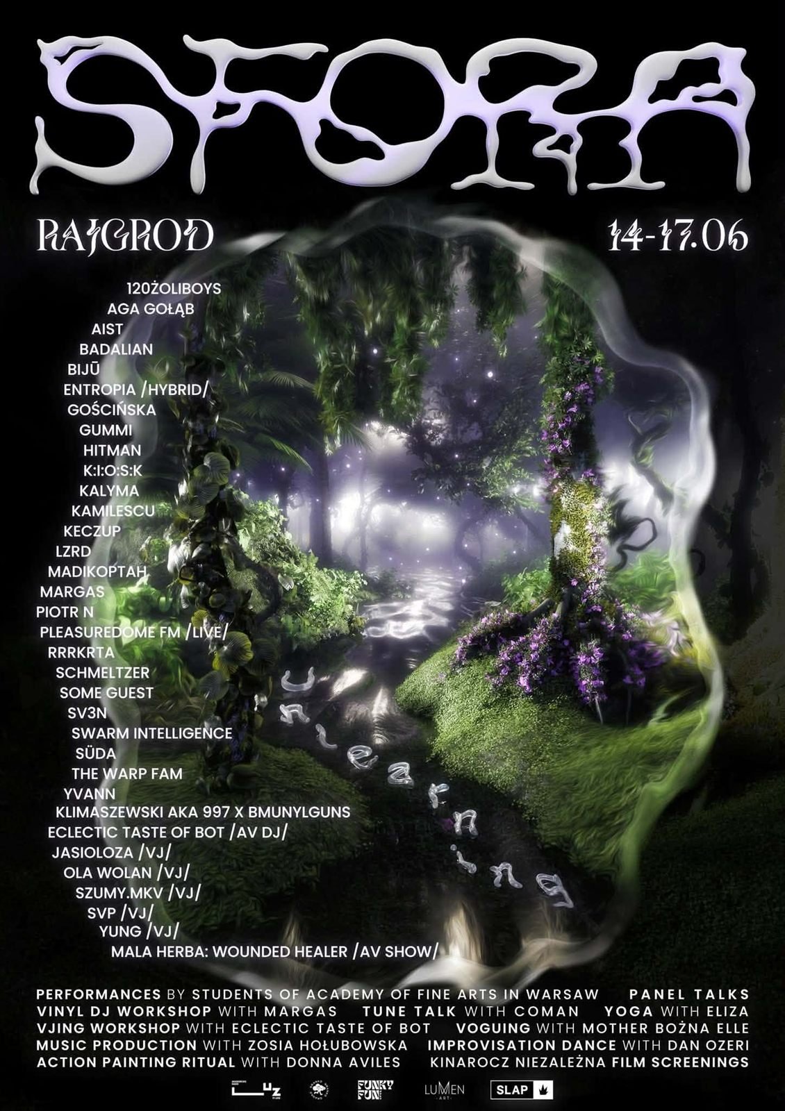 Plakat SFORA 2024: chromowany napis na czarnym tle, opalizujący kształt porośnięty roślinami, line-up, 14–17.06