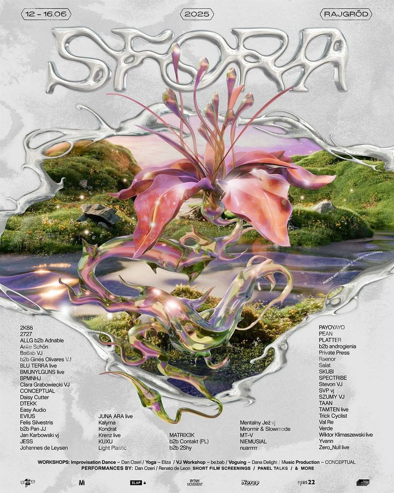 Plakat SFORA 2025: chromowany napis SFORA, różowy kwiat i zielony krajobraz na jasnym tle, line-up